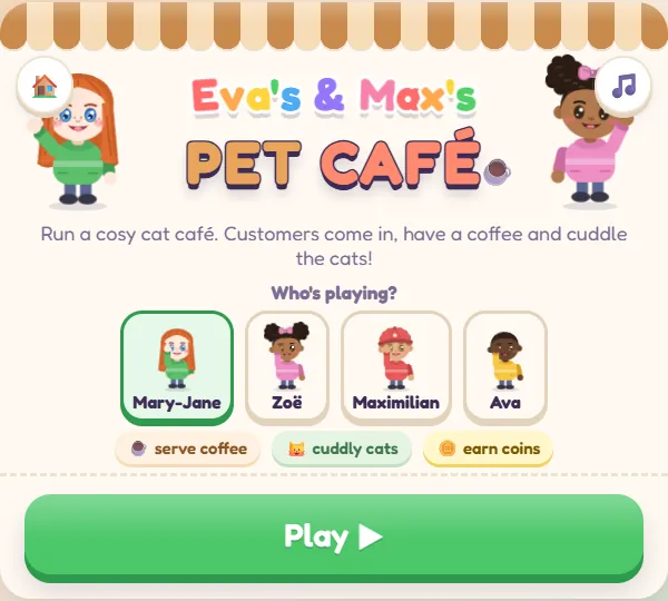 Pet Café's title screen with four children to pick from