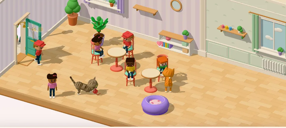 Pet Café in 3D: the family's four children have popped in, sitting at the café tables while a tabby cat plays with wool