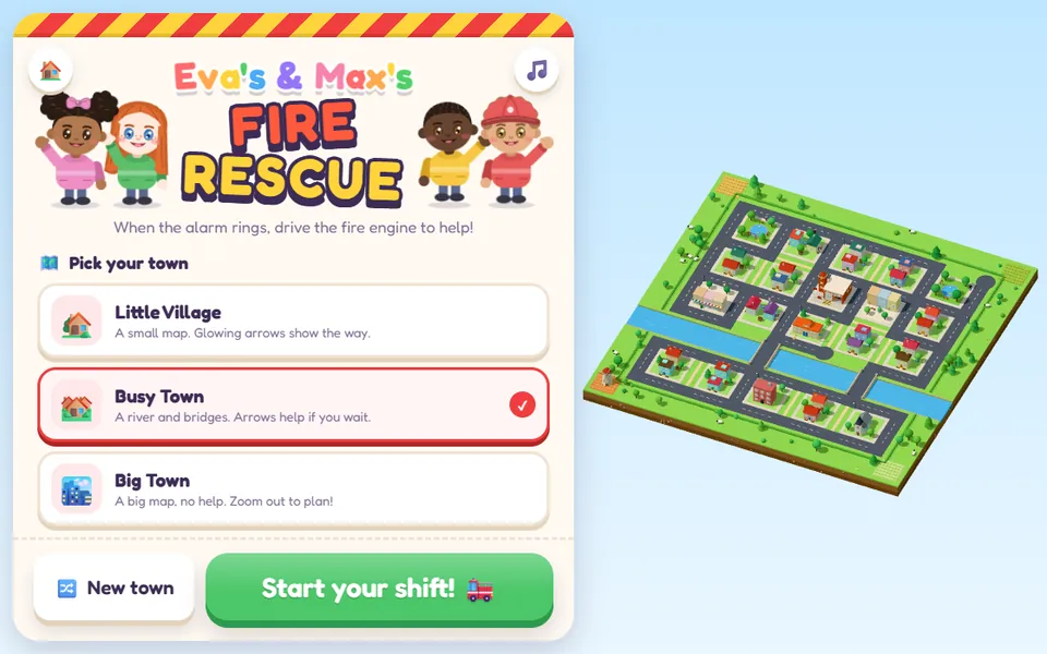 Fire Rescue's title screen with the family's four children waving either side of the logo