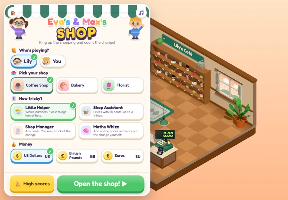 The Shop title screen with Lily picked as the player, and the coffee shop behind with a sign reading “Lily's Café”