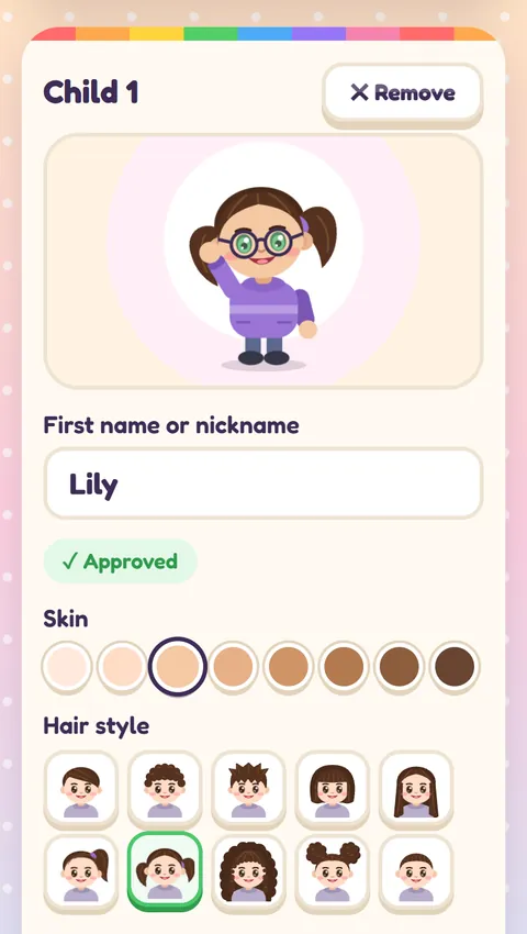 The family page editor on a phone: a cartoon girl with brown bunches and glasses, her name Lily, and rows of skin and hair style choices