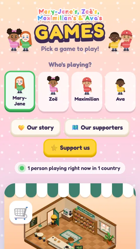 A family homepage on a phone: four cartoon children waving either side of their names and GAMES, with “Who's playing?” underneath