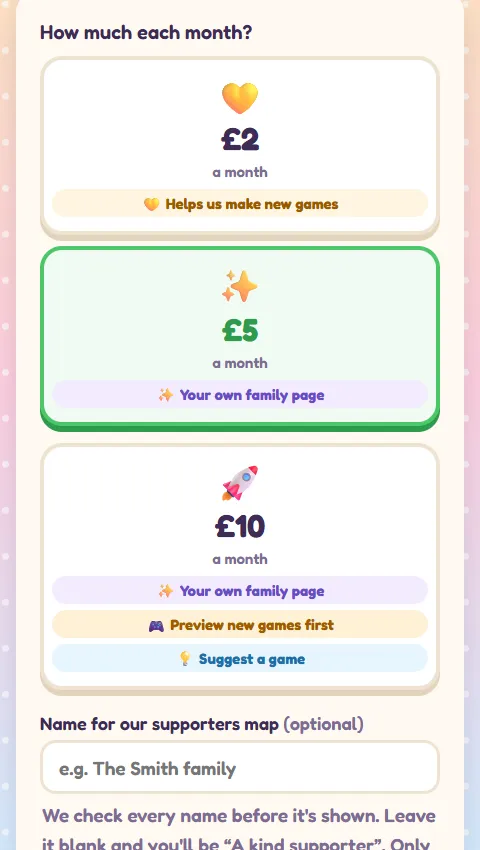 The Support us page on a phone, with £5 and £10 each showing “Your own family page”