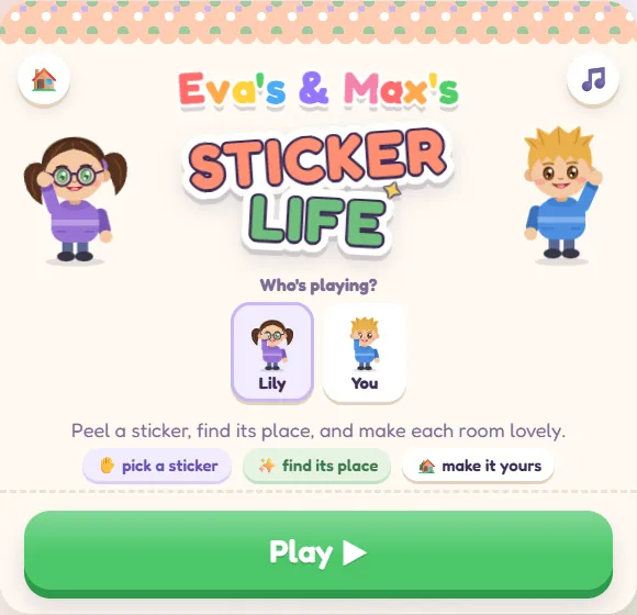 Sticker Life's title screen asking “Who's playing?” with Lily picked