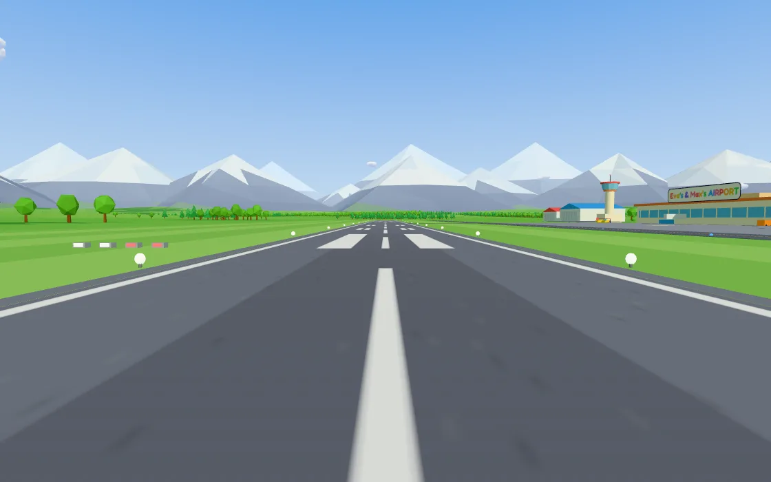 Looking out of the cockpit window down the runway towards snowy mountains