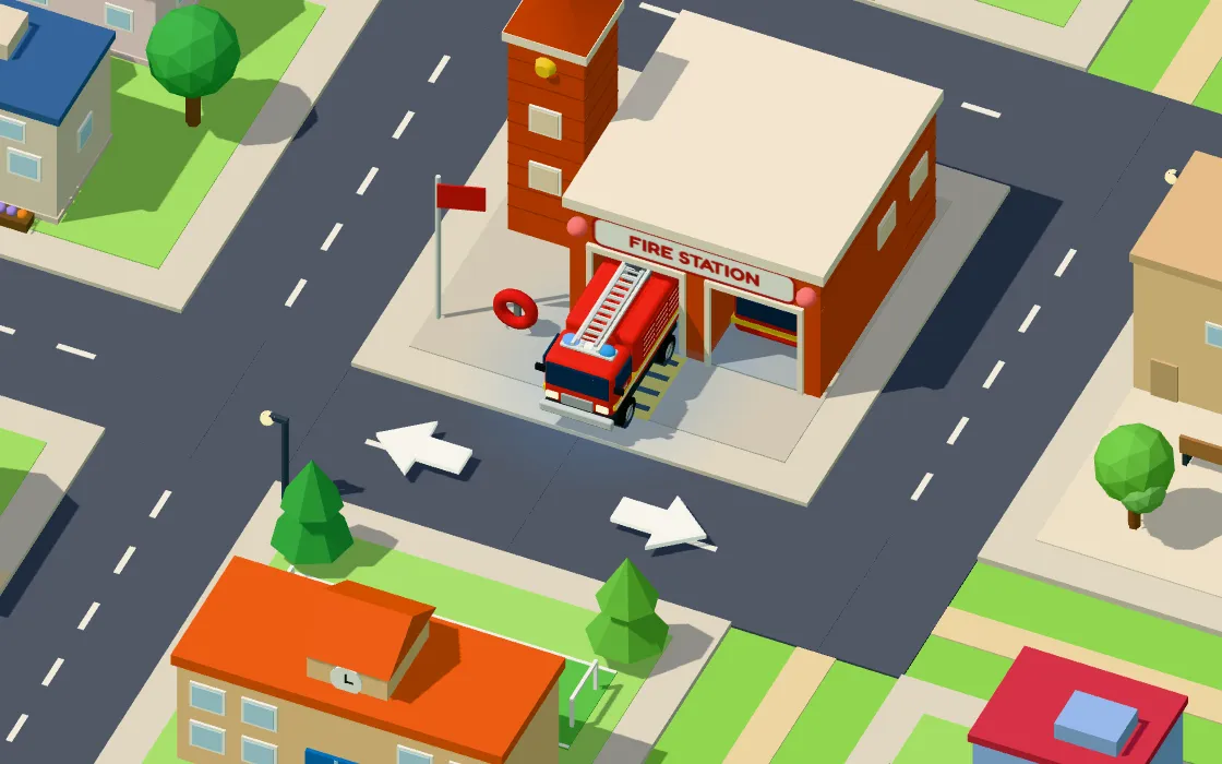 The red fire engine with its blue lights on, driving out of the fire station