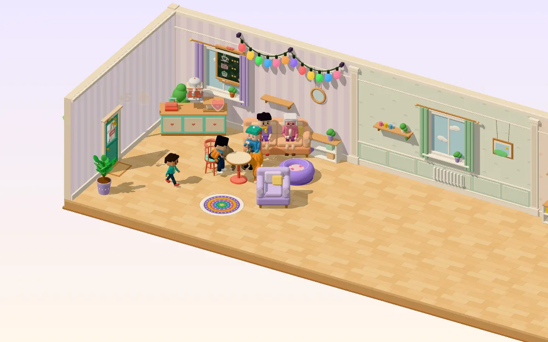 A cosy pet café with a sofa, a pet bed and two cats