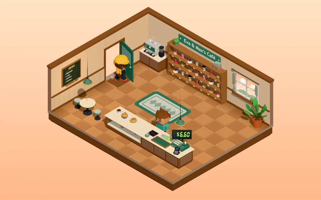 The coffee shop, with a customer at the counter